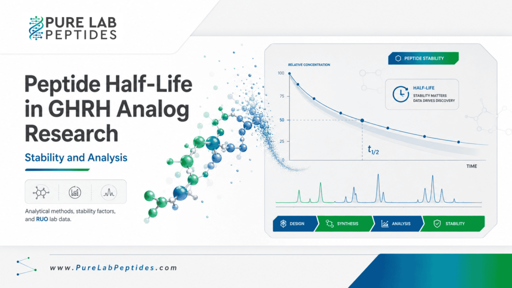 Peptide half-life in GHRH analog research graphic with stability and analysis charts